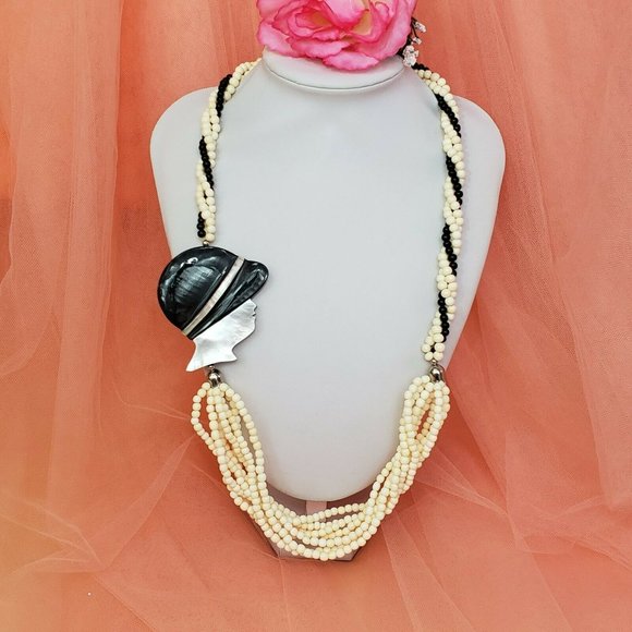 Mother of Pearl & Bone Bead Statement Necklace Black White Multi Strand Necklace - Picture 11 of 12